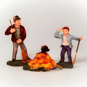Lemax Silly Surprise Man & Son Raking Leaves Dog In Leaf Pile 2005 Fall NEW